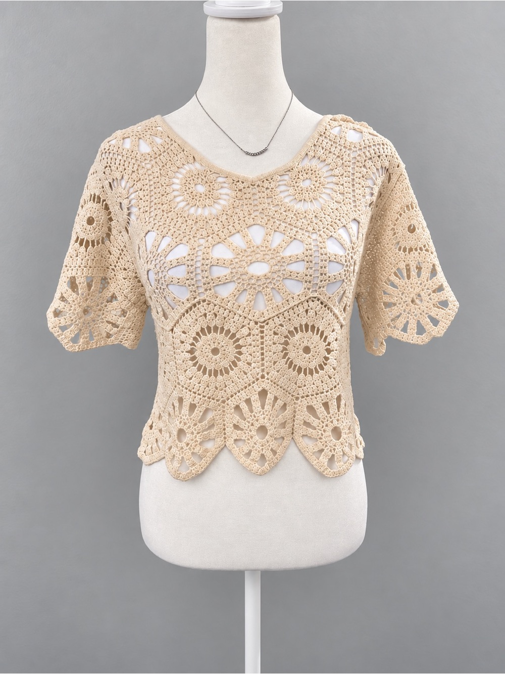 Rebellion Again Women’s S Cream Crochet Top 100% Cotton Boho Floral Open Knit